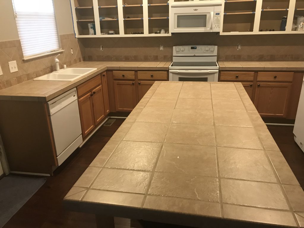 beige tile counter top